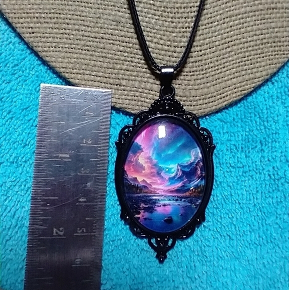 Black cabochon on black cord pink blue aurora mountain scene necklace - Picture 3 of 5